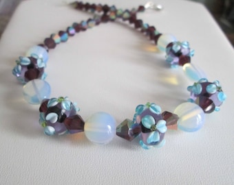 Purple and Blue Flower Lampwork Beaded Necklace with Opalite Beads and Purple Faceted Czech Beads, Flower Lampwork Beaded Jewelry, OOAK