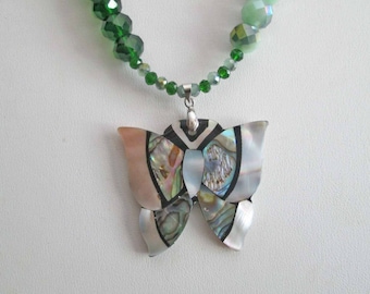 Butterfly Mother of Pearl Multi-Colored Green Czech Beaded Necklace, Butterfly Kisses Gift for a Special Someone, OOAK, Butterfly Necklace