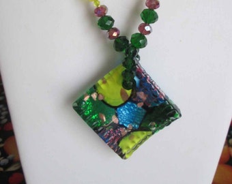 Purple, Green, and Yellow Glass Pendant Necklace surrounded by Moonstone Yellow Frosted Beads, Purple and Green Glass Beads, OOAK, BOHO DIVA