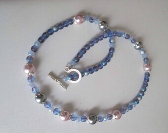 Matte Blue Beaded Necklace with Purple Glass Beads, Pearl and Gray Pearls, Pastel Beaded Necklace, Statement Necklace, Gift, OOAK