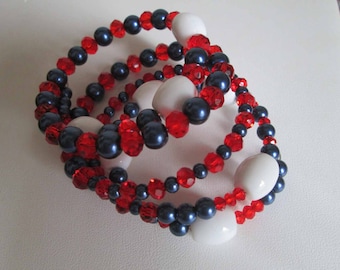 Patriotic Red, White and Blue Beaded Memory Wire Bracelet, Cleveland Guardians Bracelet, Sport Themed Cuff, OOAK, Gift Item