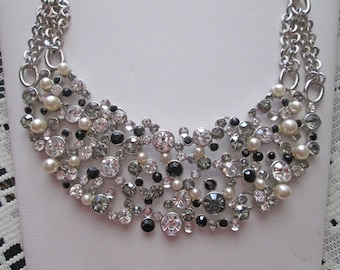 Vintage Crystal, Rhinestone and Pearl Silver Beaded Bib Necklace, Holiday and New Year's Eve Jewelry, Elegant Jewelry, Sparkling Beads