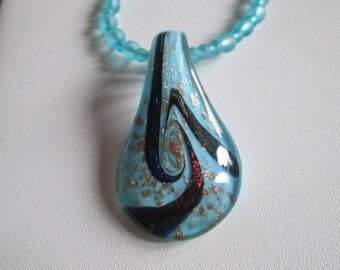 Lampwork Teardrop Turquoise Pendant with Dichroic Swirls and Gold Flakes surrounded by Matte Turquoise Glass Beads, Bling Necklace, OOAK