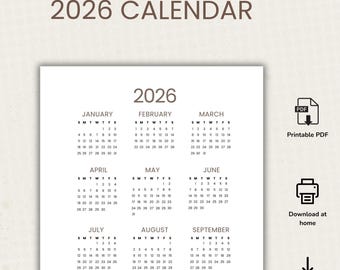 May include: A white 2026 calendar with a simple design. The calendar displays the months from January to December, with each month's days arranged in a grid. The text "2026 CALENDAR" is at the top. Includes icons for PDF, download at home, and instant download.