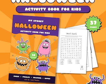 May include: A Halloween activity book for kids with a purple cover featuring four colorful cartoon monsters, the text My Spooky Halloween Activity Book for Kids, and 30 activities. Includes interior pages with a word search puzzle and 37 pages total.