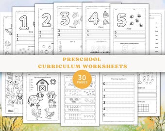 May include: A collection of black and white preschool curriculum worksheets. The worksheets feature numbers, tracing exercises, and coloring activities. The text on the cover reads "Preschool Curriculum Worksheets" and "30 Pages".