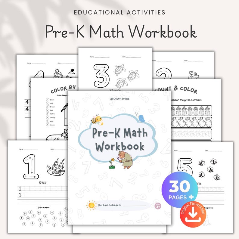 Preschool Learning Worksheets Bundle for Kindergarten PRINTABLE Toddler Montessori Activities Alphabet Numbers Math Colors Shapes