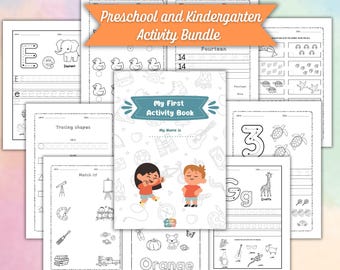 May include: A black and white printable activity book for preschool and kindergarten children. The cover features a cartoon boy and girl holding a magnifying glass and a book. The book includes activities such as tracing shapes, matching objects, and writing letters and numbers.