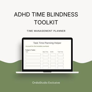 May include: A laptop screen showing a time management planner labelled "Task Time Planning Helper." The screen displays a table for tasks, base time, buffer, and total time. The text "ADHD Time Blindness Toolkit" is at the top, with "Time Management Planner" below.