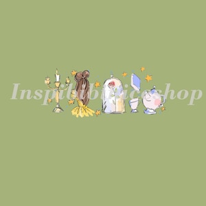 May include: Illustration featuring a candelabra, a woman in a yellow dress, a rose in a glass dome, a book, a teacup, and a teapot. The image has a green background and includes the text "Inspirebichop".