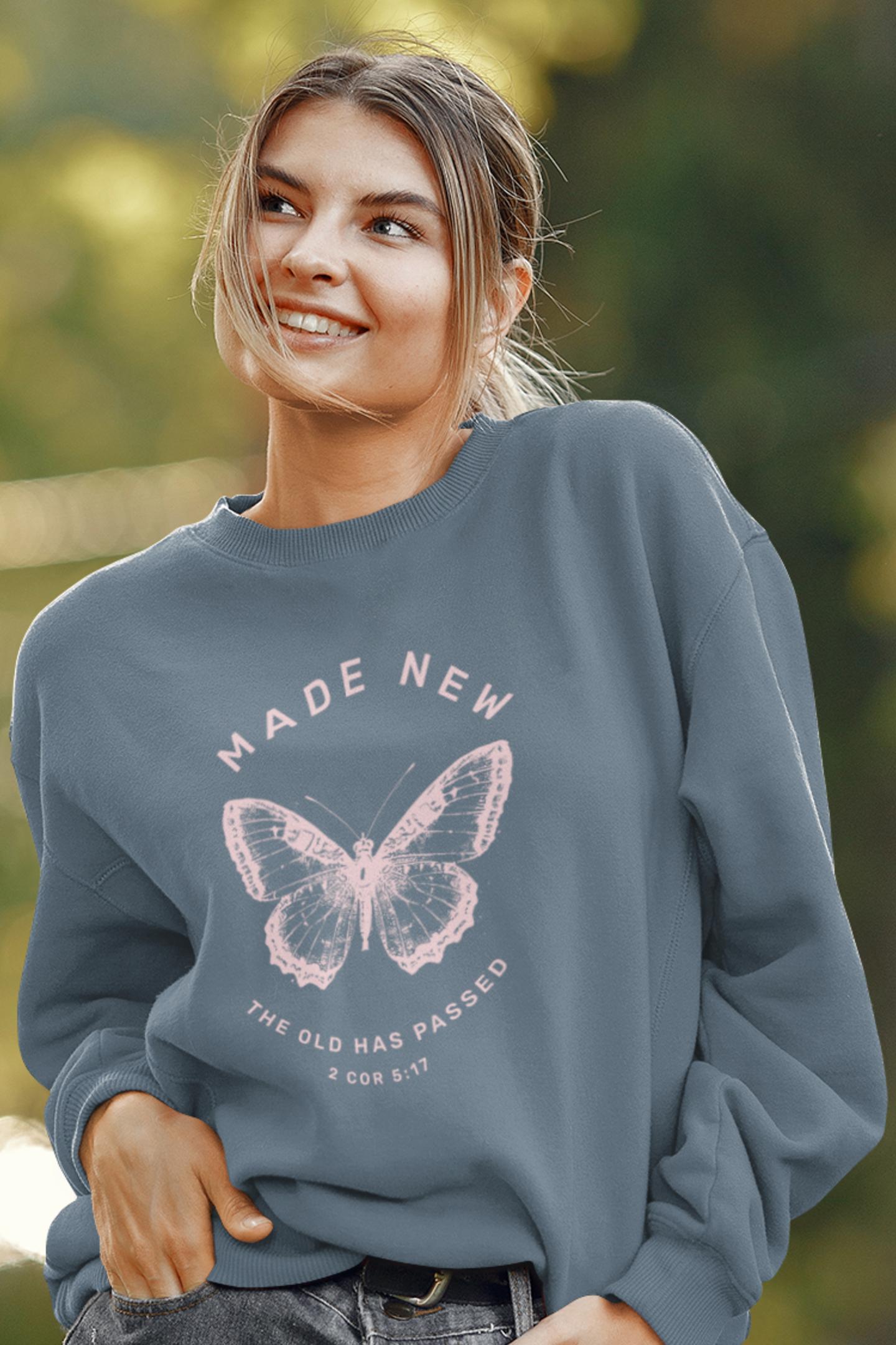 Made New Butterfly Christian Sweatshirt, Womens Christian