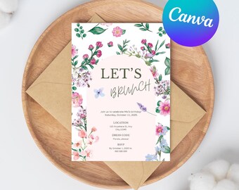 Elegancki szablon zaproszenia na urodzinowy brunch z motywem kwiatowym (do pobrania w wersji cyfrowej)