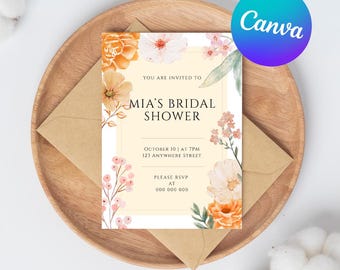 May include: A bridal shower invitation with floral accents, featuring the text "MIA'S BRIDAL SHOWER". The invitation is on a light yellow background, with a brown envelope and a wooden plate. The Canva logo is in the upper right corner.