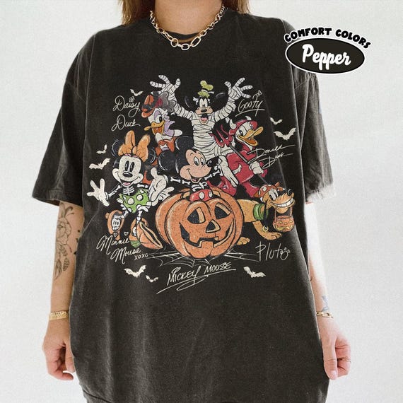 Retro Mickey & Friends with Signs Halloween Comfort Colors Shirt, Mickey's Not So Scary Party 2025 Tee, Trick or Treat Disney Trip Shirt