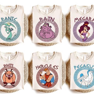 Camiseta retro de los personajes de Disney Hércules, camiseta de la mitología griega de Disney, camiseta familiar de Disney, camiseta de Hércules, Hades, Megara, Dolor y Pánico