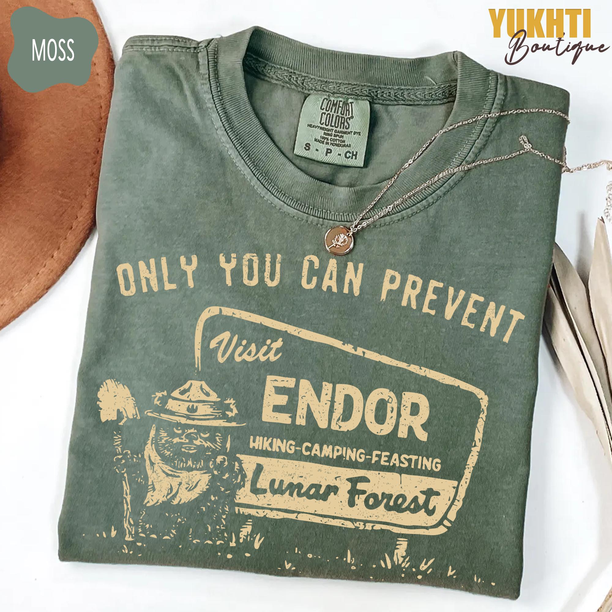 Retro Star Wars Visit Endor Ewok Hiking Camping Tee, Galactic Forest Adventure Shirt, Sci‑Fi Humor Gift for Fans, Disney Shirts