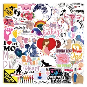 May include: A collection of assorted vinyl stickers featuring pregnancy and baby-themed illustrations, including anatomical diagrams of the uterus, positive pregnancy tests, silhouettes of pregnant figures, baby footprints, and text like Baby on Board.
