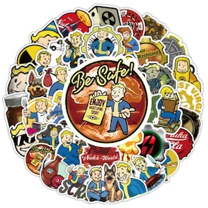May include: A collection of circular vinyl stickers featuring various cartoon characters in blue and yellow jumpsuits, dogs, and nuclear-themed imagery. The central sticker displays a mushroom cloud with the text Be Safe! and Enjoy Vault Living Today!