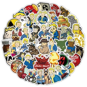 May include: A collection of assorted vinyl stickers featuring various cartoon characters in blue jumpsuits, dogs, nuclear explosion icons, and Nuka-World branding. The stickers display diverse poses, items like bottles and weapons, and text including Vault-Tec.