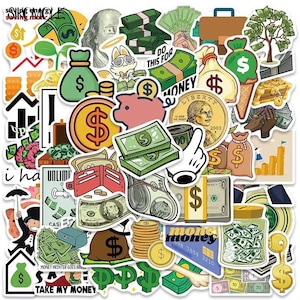 Op de afbeelding: Een verzameling diverse vinylstickers met illustraties in het thema geld, waaronder stapels contant geld, gouden munten, spaarpotten, portemonnees, creditcards en diverse dollartekens. De ontwerpen bevatten levendige groen, goud en roze kleuren.