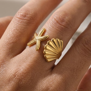 Leuke zeesterring verstelbaar, gouden schelpring, op het strand geïnspireerde sieraden, trendy statementring, zomercadeau voor vrouwen