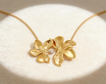 Gold 3D Sculpted Orchid Dual-Flower Necklace, Handcrafted Statement Floral Pendant with Mini Cubic Zirconia, Valentine's Day Gift for Women