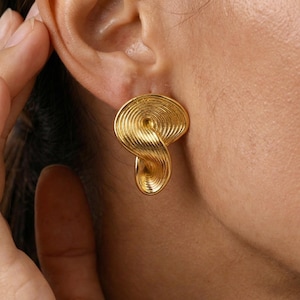 Chunky Gold Statement Earrings, Sculptural Geometric Stud Earrings, Bold Stainless Steel Earrings, Modern Fashion Jewelry