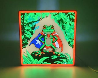 Mighty Coqui Frog Light Box - Puerto Rico Superhero Frog Wearing Puerto Rican Flag Cape Accent Lamp or Wall Art Unique Home Decor