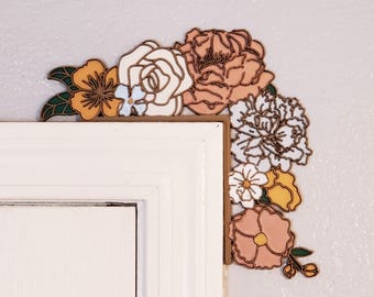 Floral Door Corner Decor and Light Switch Cover Plate Decor, Home or Office Wall Art - Bronze Frame with Pink, Blue, White, and Gold Flowers