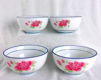 Vintage Chinese Floral Rice Bowls - Set of 4 Ceramic Bowls