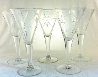 MCM Style and Pattern Etched Blown Glass Cocktail Glasses