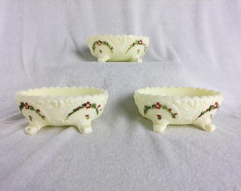 Custard Glass Uranium Footed Bowls: Hand-Painted Floral Decor Collectible Antique and Vintage Glass For your Home or as a Gift