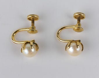 Vintage 1/20 12K GOLD Filled Real Genuine PEARL ScrewBack Earrings Buttercup Setting