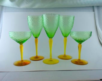 Vaseline Glass Set: Pukeberg Swedish Wine & Champagne Glasses, Uranium Bi-Color