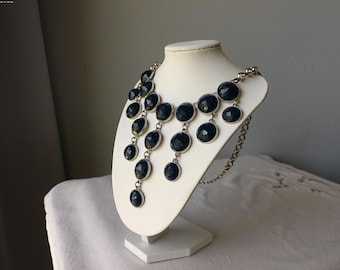 Deep Blue faceted Acrylic Beaded Necklace with a Stainless Steel Chain.  Costume Jewelry.