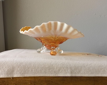 Vintage Dugan Cherries Footed White Ruffled Carnival Glass Bowl
