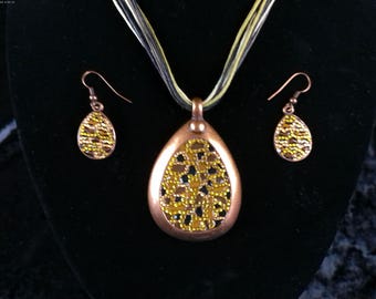 Copper Pendant and Earrings Set: Yellow Cubic Zirconia, 18" Necklace