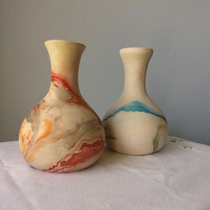 Pair of Nemadji Tile & Pottery swirled pottery vases blues and reds