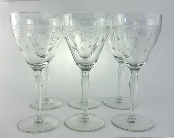 Set of Six Vintage Blown Glass Water Glasses Banner and Stars Etched