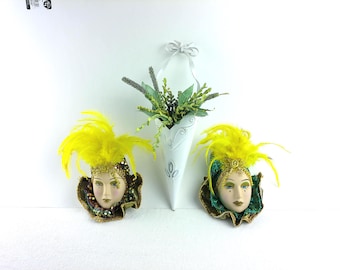 Two Art Deco Lady Face Mask Wall Hangings with Forever Flower Arrangement and Holder, Any Room in the House, Vintage Decor, Well Made