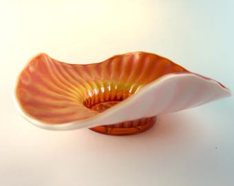 Dugan Stippled Flower Peach Opalescent Tri Corner Carnival Glass Bowl
