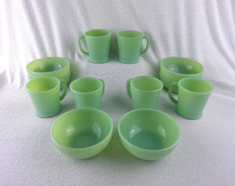 12 Pieces Jade-ite Fire King Pastel Green Set of Six Each Bowls and Cups