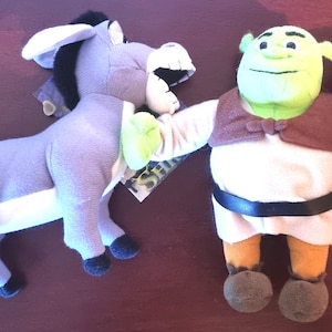 Rare 2001 Shrek & Donkey Plush Toy Set with Tags | DreamWorks Collector&#39;s Item | Vintage Movie Memorabilia