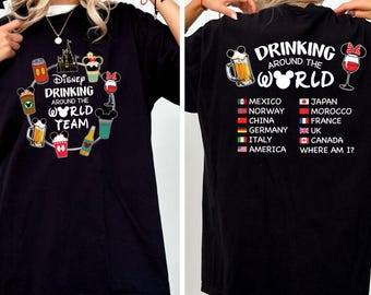 Epcot World Tour 2025 Shirt, Drink Around The World Tour T-Shirt, Epcot World Showcase Two Sided Shirt, Mickey And Friends Drinking Team Tee