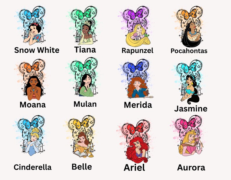 Puede incluir: Una colecci&oacute;n de 12 ilustraciones con princesas de Disney, cada una dentro de un dise&ntilde;o en forma de orejas de Mickey Mouse. Las princesas son Blancanieves, Tiana, Rapunzel, Pocahontas, Moana, Mulan, M&eacute;rida, Jasmine, Cenicienta, Bella, Ariel y Aurora.