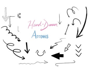 Pode incluir: Uma coleção de flechas desenhadas à mão em preto e cinza. As flechas apontam em direções diferentes e têm vários estilos, incluindo curvas, retas e onduladas. O texto "Hand-Drawn Arrows" está escrito em rosa e azul.