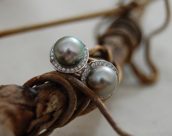 Cinder - Pearl Halo Style feature Tahitian pearls, CZs and Rhodium plated sterling silver, FREE SHIP US