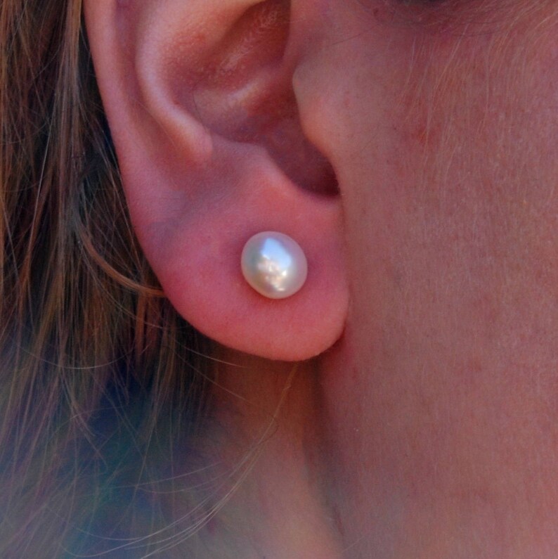 FREE SHIPPING Vanora OOAK white-blush Freshwater pearl stud earrings set in 14kt gold