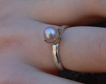 Doris -  Pearl Solitaire Ring; Freshwater Pearl; Argentium® Sterling Silver; Engagement Ring