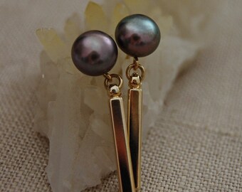 Azaria - Gold Bar Dangle Pearl Stud Earrings Handmade FREE SHIPPING US